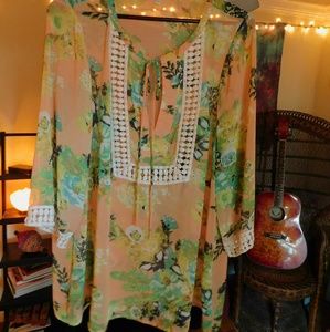 Peach Floral Top / Cover up with crochet